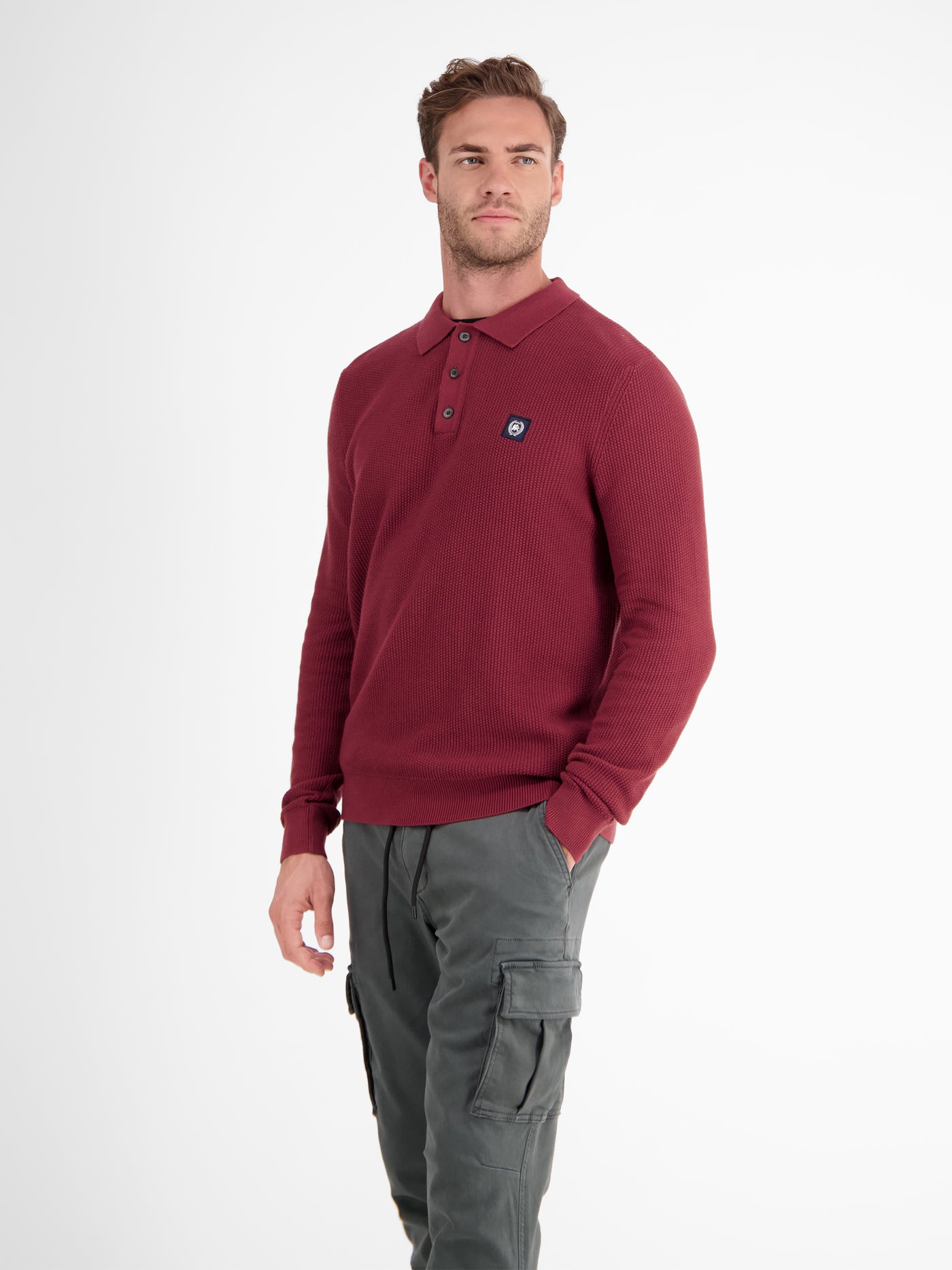 Long-sleeved knitted polo in structured quality