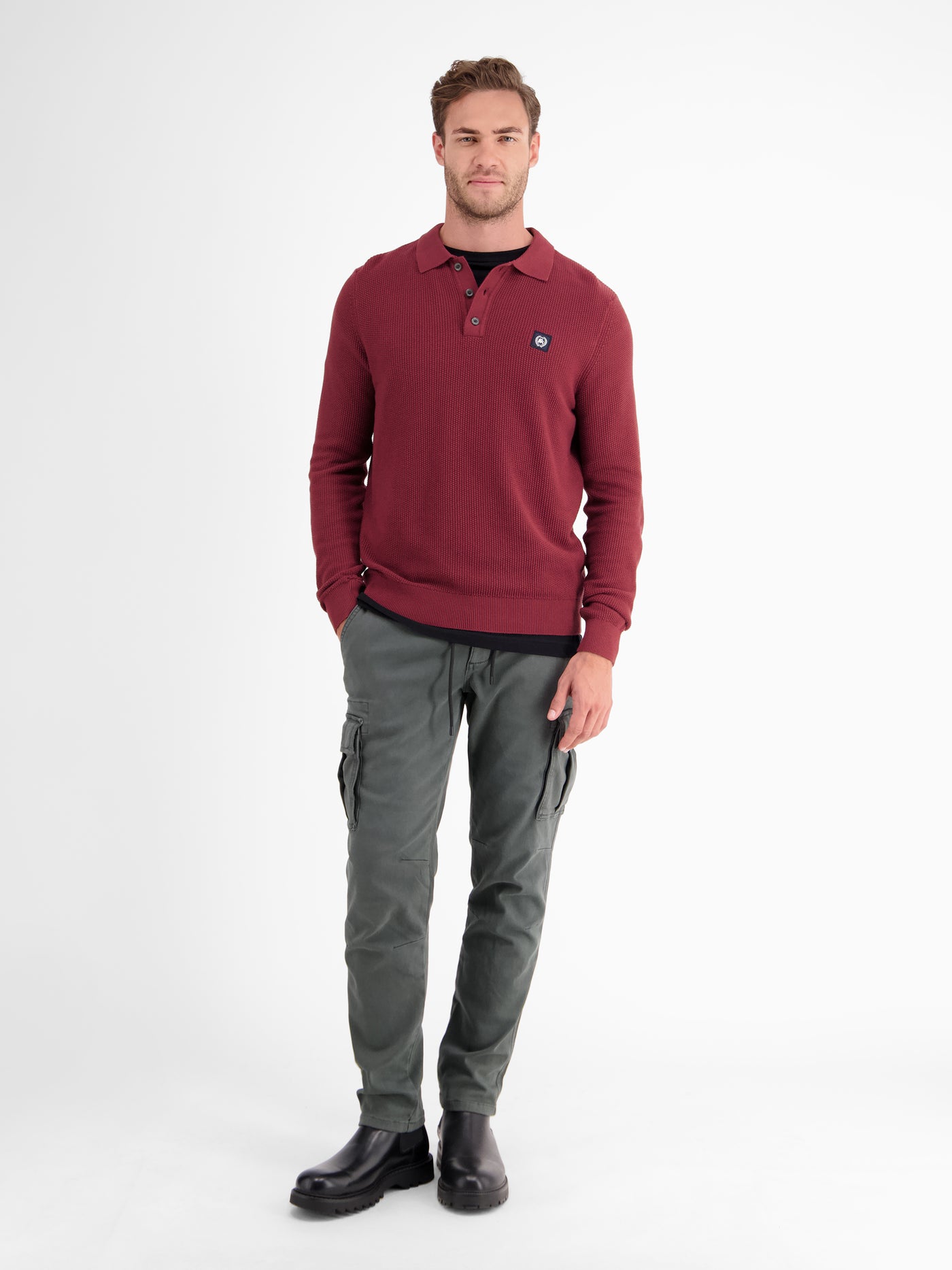 Long-sleeved knitted polo in structured quality