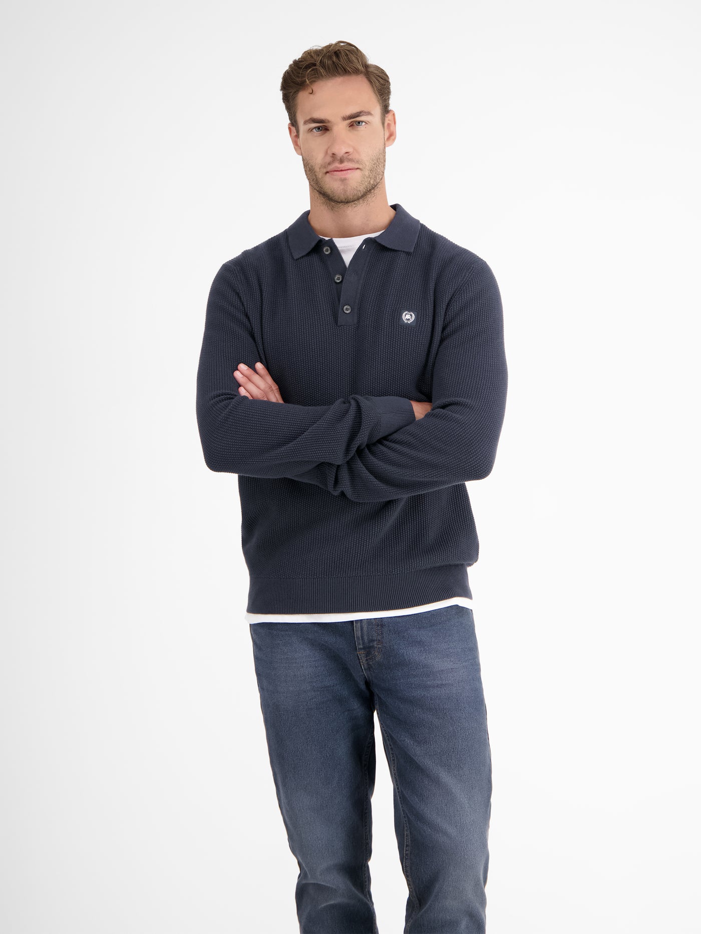 Long-sleeved knitted polo in structured quality