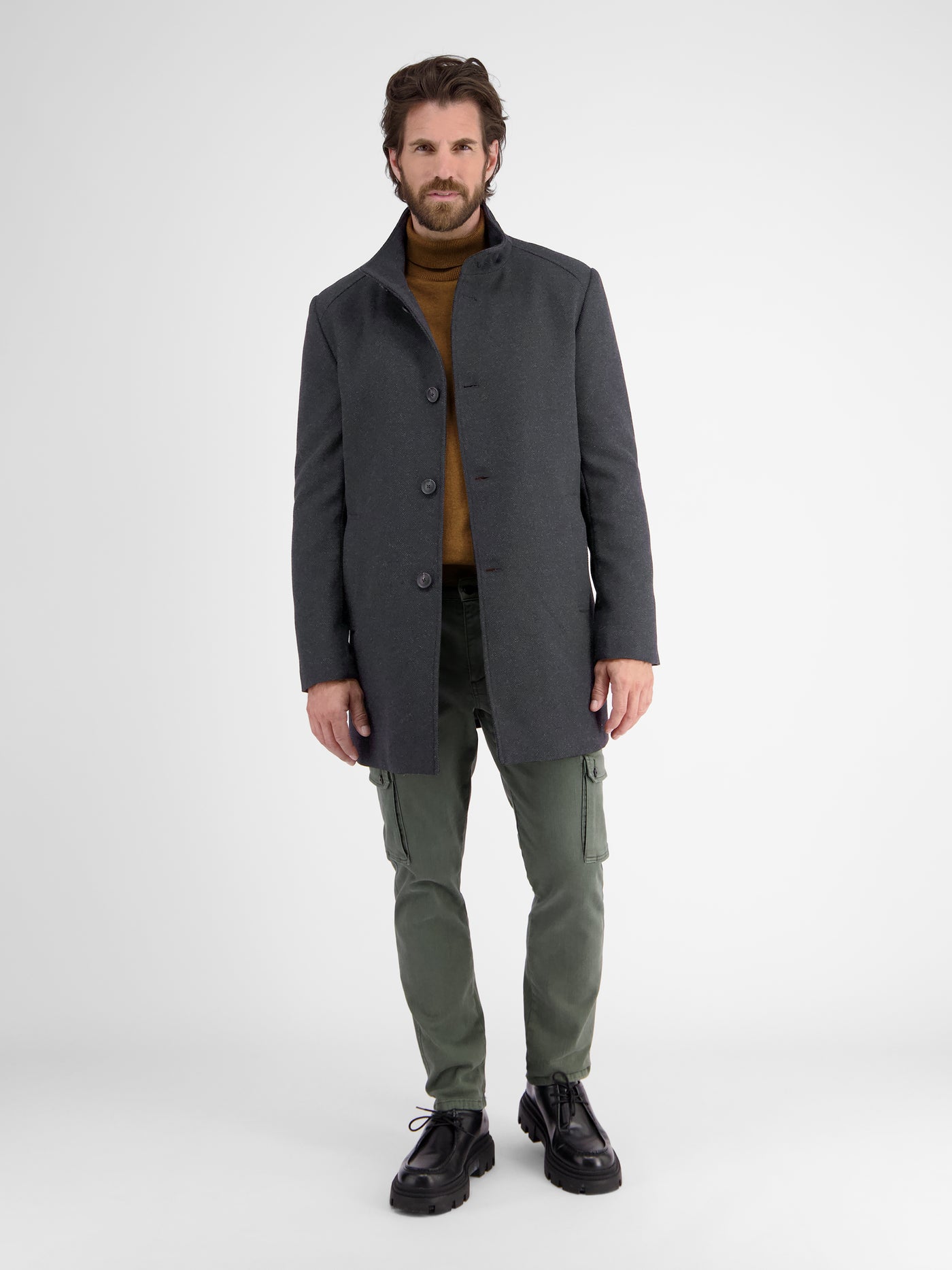 Coat with stand-up collar