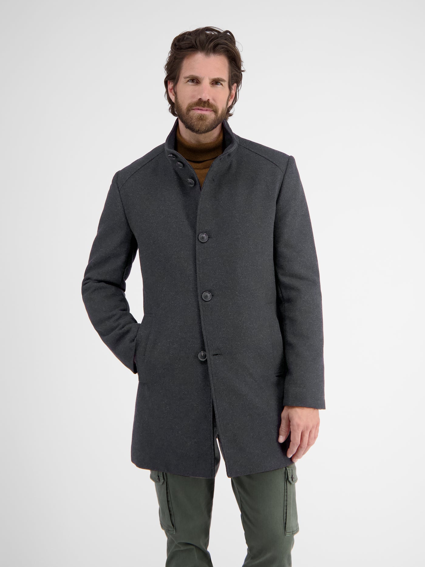 Coat with stand-up collar