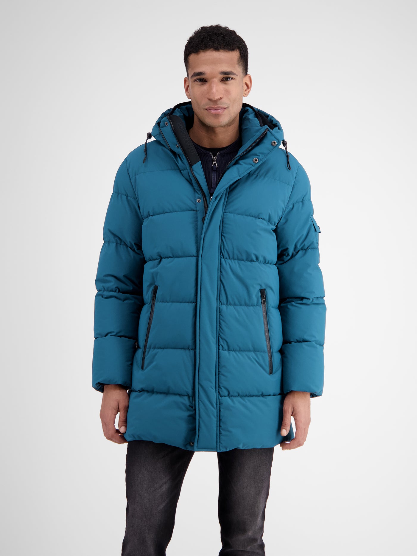 Warm lined quilted jacket with removable hood