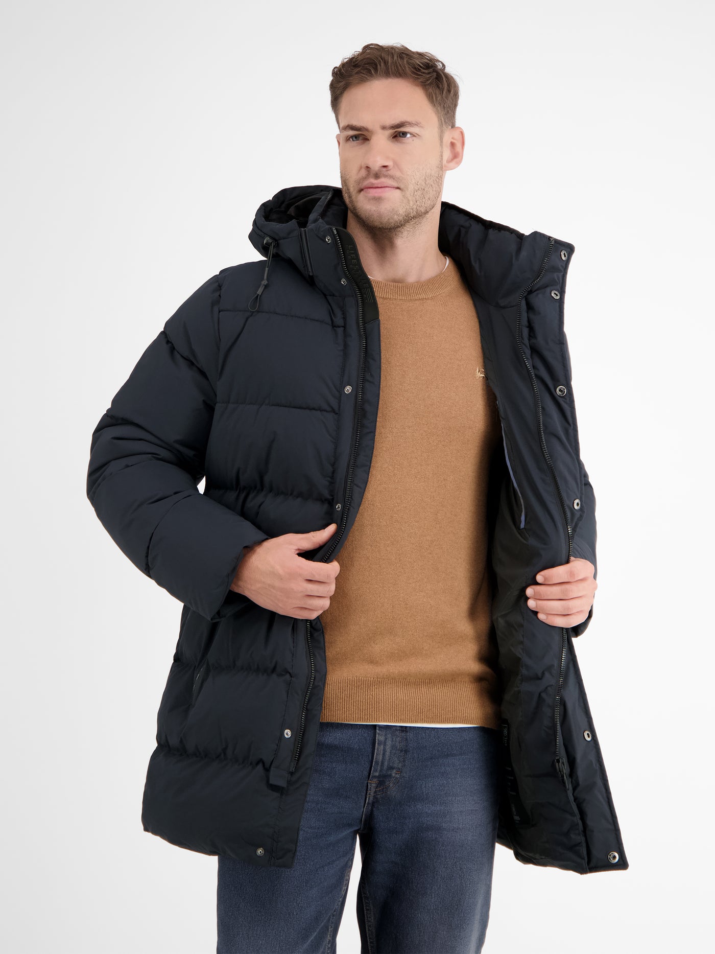 Warm lined quilted jacket with removable hood