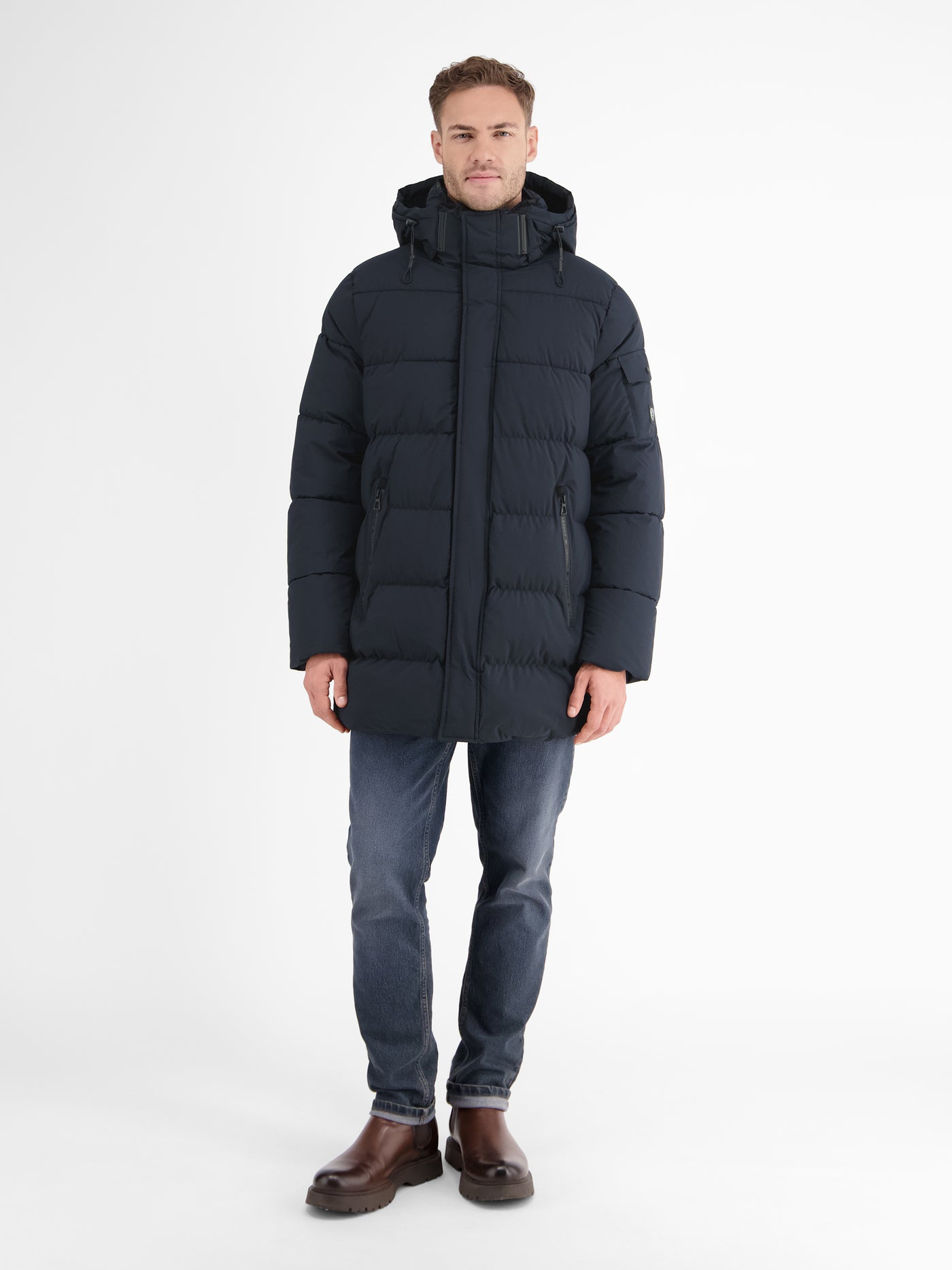 Warm lined quilted jacket with removable hood