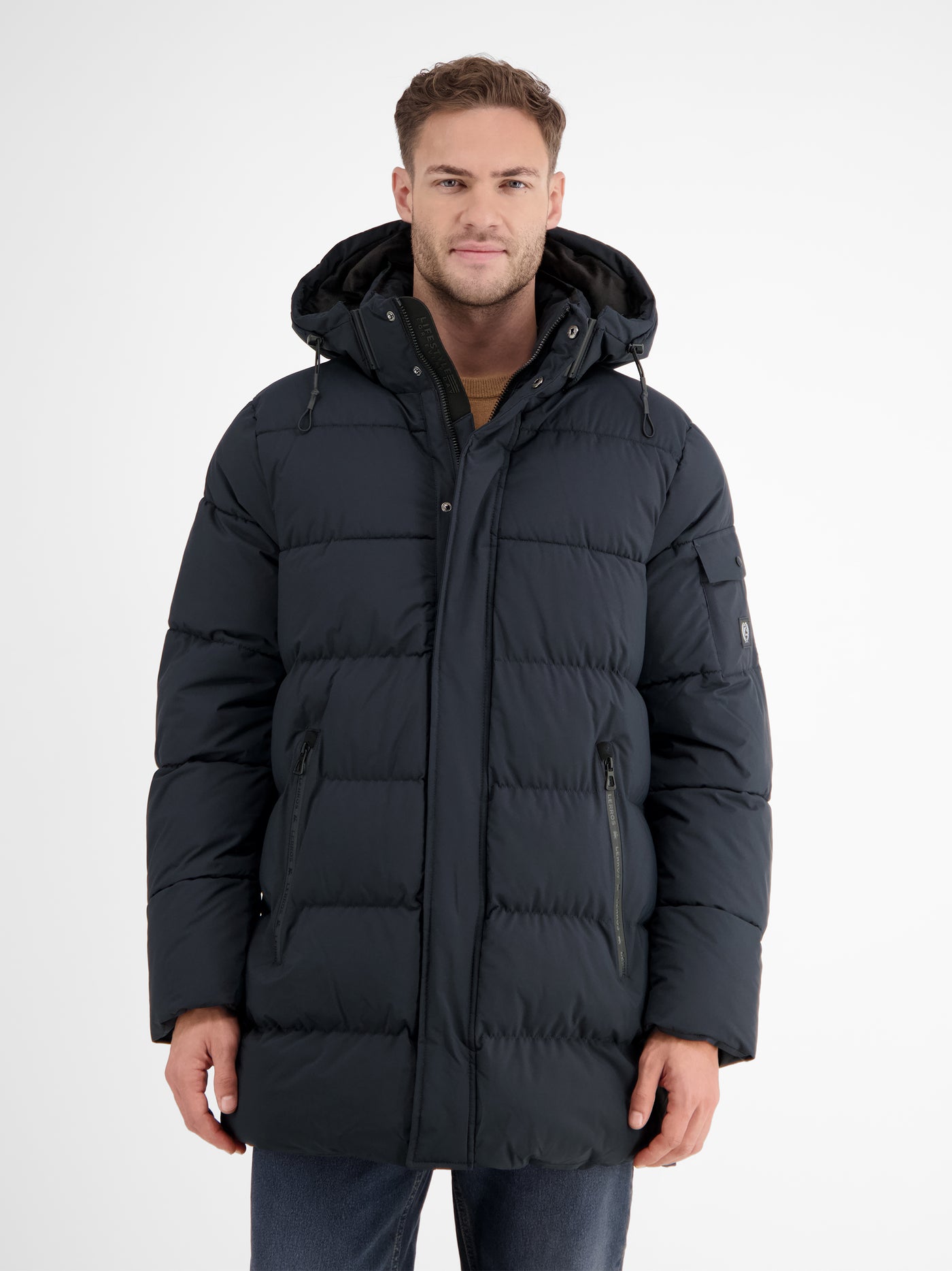 Warm lined quilted jacket with removable hood